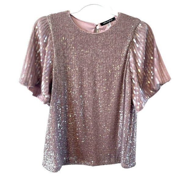 Cable & Gauge lavender with Champagne Sequin Short Bell Sleeve Top S Lined NWOT - Picture 1 of 6